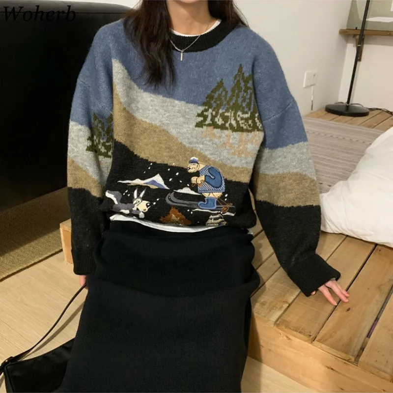 Woherb Pull Femme, осенне-зимний вязаный свитер в стиле Харадзюку, Женский контрастный пуловер с мультяшной вышивкой, джемпер, корейские свитера