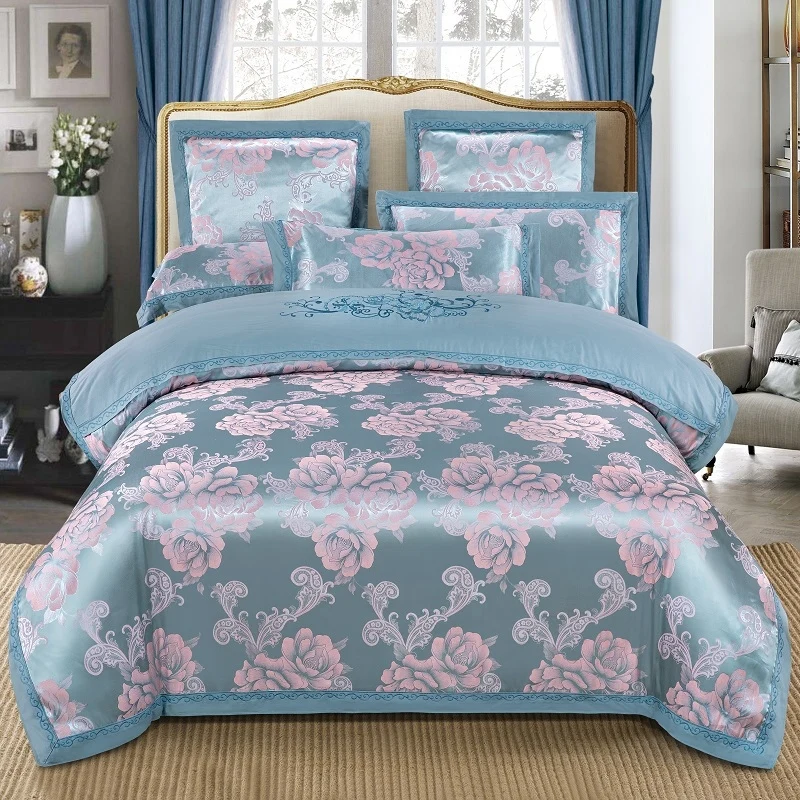 

Blue Satin like Silk Duvet Cover Set Luxury Jacquard Cotton Bedding set Bed sheet Comforter cover Zipper Queen King size 4Pcs
