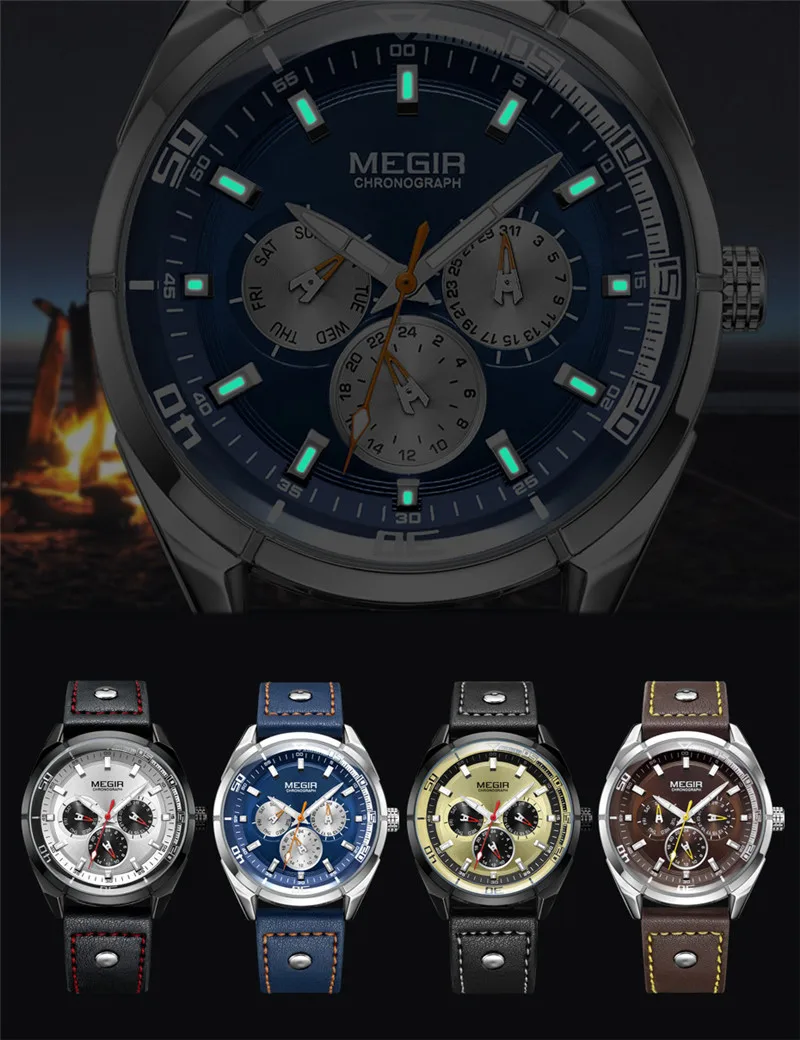 Часы MEGIR Мужские кварцевые в стиле милитари роскошные брендовые с календарем и
