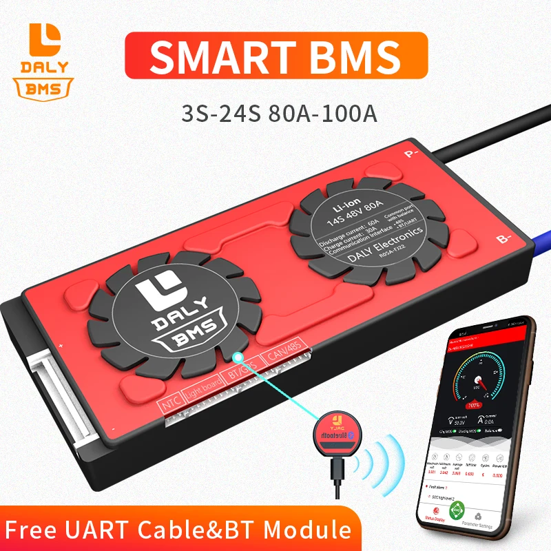 

Smart BMS 4S ~ 24S Li-ion LifePO4 LTO Battery Protection Board 80A 100A 12V 24V 36V 48V 60V 72V With Bluetooth App