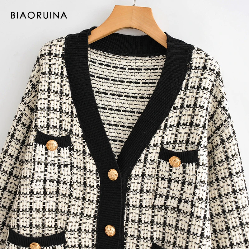BIAORUINA Women's Fashion V-neck Chic Single Breasted Knit Cardigans Female Thick Keep Warm Swallow Gird Plaid Sweater Outerwear |