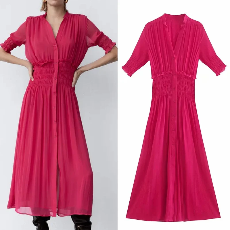 

Za 2021 The New Pleated Long Dress Women Rose Red Chiffon Dress Woman Short Sleeve Midi Summer Dresses Ruched Elegant Dresses