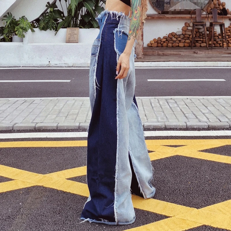 Женские широкие джинсы с высокой талией потертые расклешенные цветными блоками |