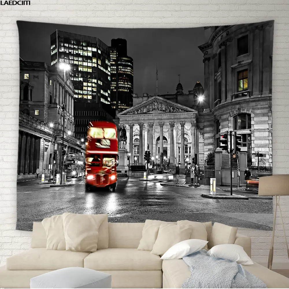 

London City Scenery Tapestry Retro Red Bus Telephone Box Bridge Building Background Wall Hanging Living Room Bedroom Home Decor