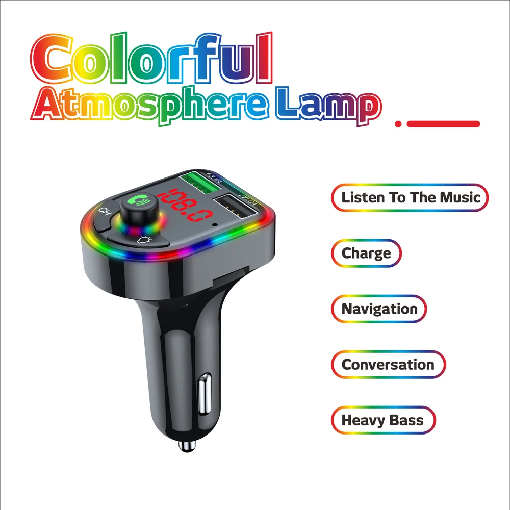 

Ambient Light Bluetooth 5.0 FM Transmitter Car MP3 Player Wireless Handsfree Audio Receiver USB Fast Charge TF U Disk play