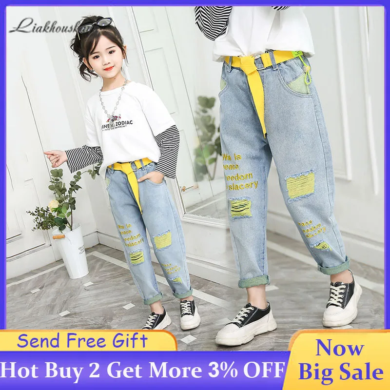 Джинсы с дырками для девочек весна осень 2020 модные брюки эластичным поясом