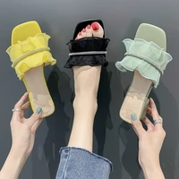 fashion slipper women suumer new outside lace mesh air mesh shallow square heel slides spangled high quality 5cm high heels
