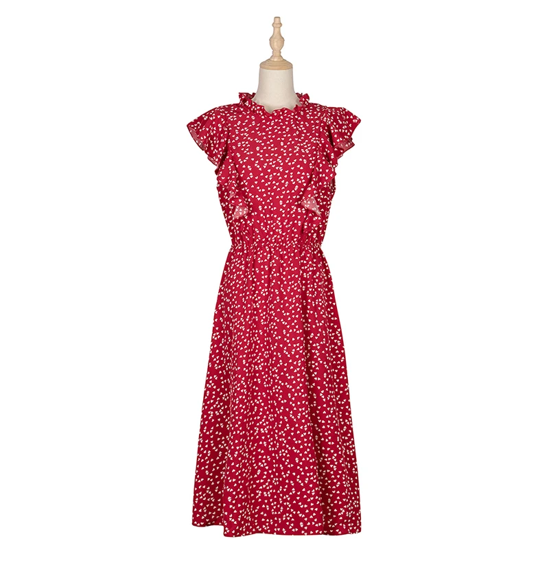 

Summer elegant floral print Ruffle A-line slim to knee dress dress red dresses women