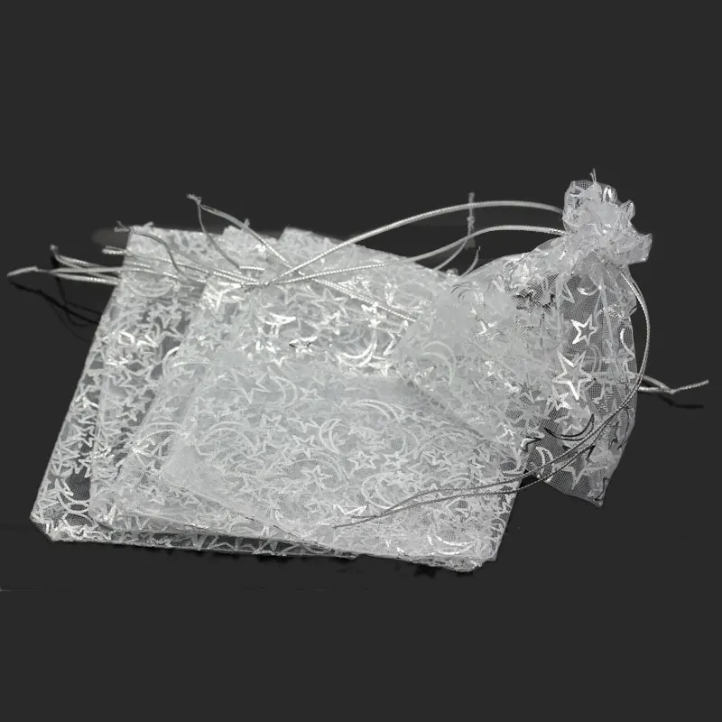 Doreen Box Organza jewelry storage bags Drawstring Rectangle White Star Moon Pattern 12cm x 10cm(4 6/8&quotx3 7/8&quot) 100 PCs | Дом и сад