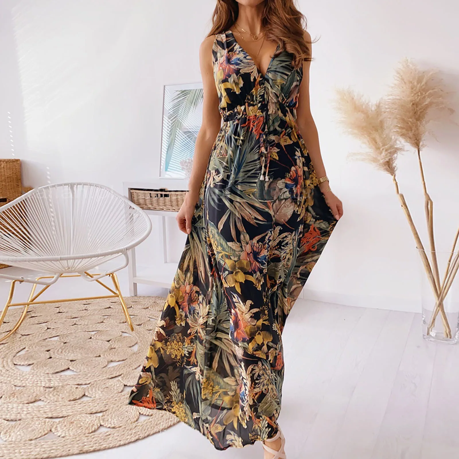 

Dress Women's Summer Fashion New Floral Print Halter Strap Long Dress Banquet Wedding fashion women dress A40