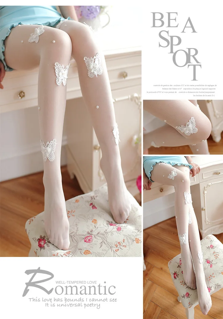 Autumn Winter Pantyhose Women Sweet Princess Embroidered Nails Beads Stockings Sexy Black Transparent Arbitrary Shearing Tights