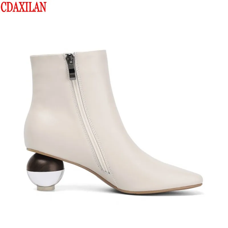 

CDAXILAN new arrived women's short boots genuine cow leather fabric Med-heel Round heels side zipper ankle boots autumn winter
