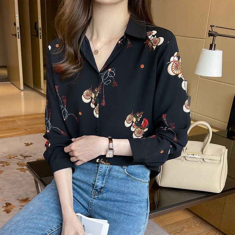 2021  New Large Size European American Print Floral Women Casual Shirts Long Sleeve Fashion Chiffon Girl  Top Clothes B045