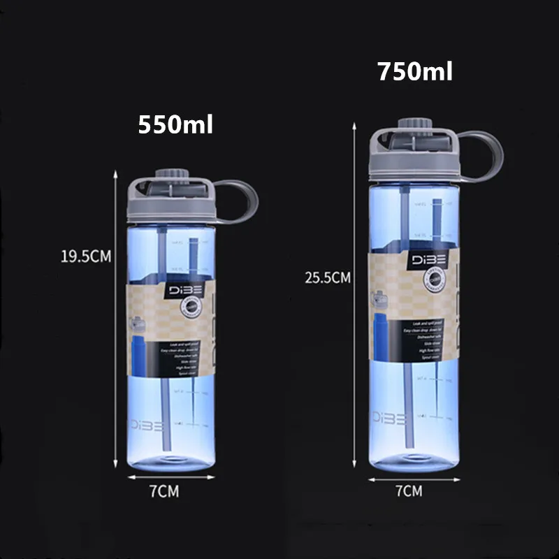 

550ml/750ml Portable Sport Water Bottle With Straw Healthy Plastic Gym Fitness Sport Shaker Drink Bottles BPA Free Eco-Friendly