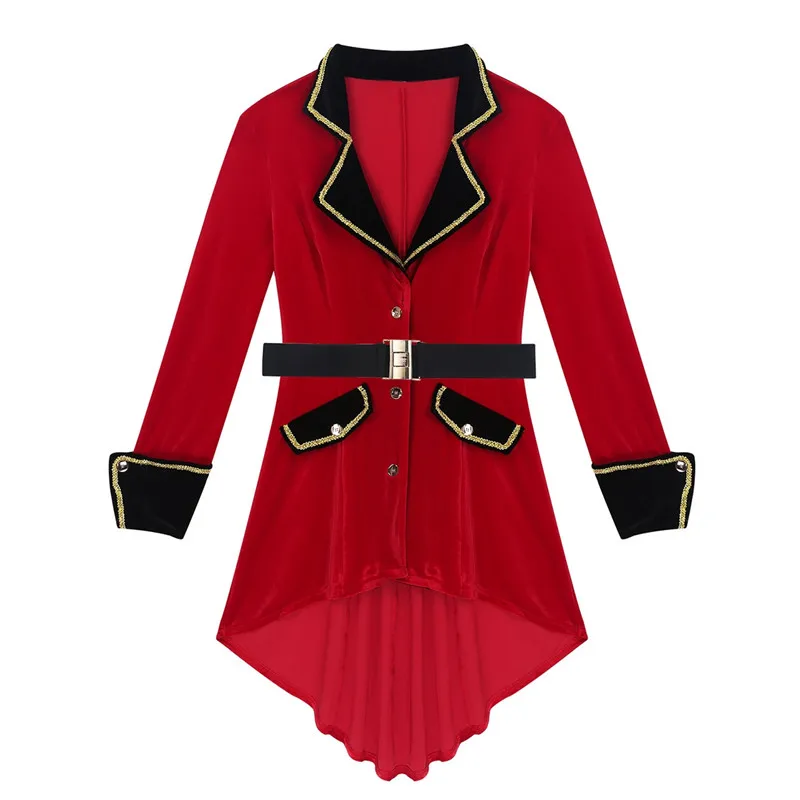 2Pcs Women Halloween Cosplay Pirate Costume Lapel Collar Long Sleeves Gold Braid Trimmings Button Down Long Jacket Coat+ Belt