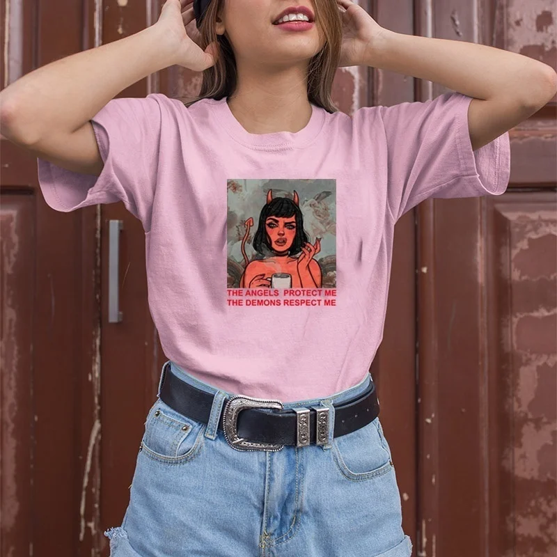 

HAHAYULE-JBH Angels Protect Me Women Tees Girl Power Girls T Shirt Graphic Tees Female Tumblr Tshirt Women Tops Fashion Clothes