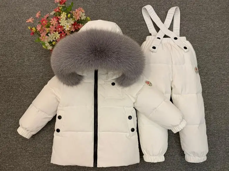 Г. Детский лыжный костюм для маленьких мальчиков на русскую зиму Детская куртка на утином пуху для девочек, пальто, комбинезоны теплая куртка детский комплект для девочек - Цвет: white gray