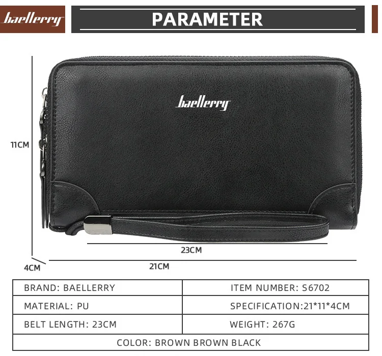 Деловой бренд Baellerry, длинный мужской кошелек, двойная молния, кошельки из искусственной кожи, кошелек для мужчин, клатч, мужской держатель для карт, сумка для телефона