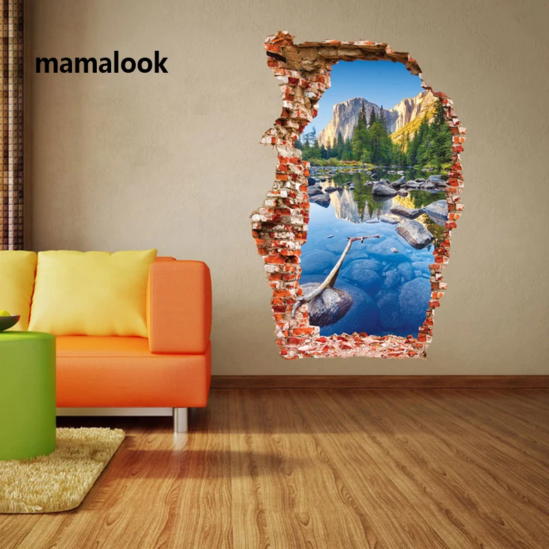 

Breaken-Colorful 3D Wall Stickers Home Decor Pond Living Room Background Mountain Landscape Broken Hole Door Sticker