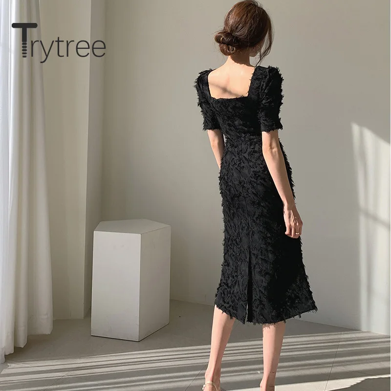 Летнее женское платье Trytree 2020 повседневное облегающее однотонное с квадратным