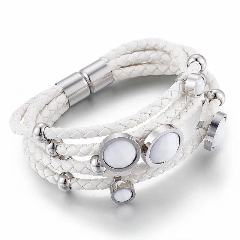 

Jewelry Fashion Multi-layer White PU Leather Round Charm Bangle Bracelet Stainless Steel Magnetic Bracelet For Women Gifts