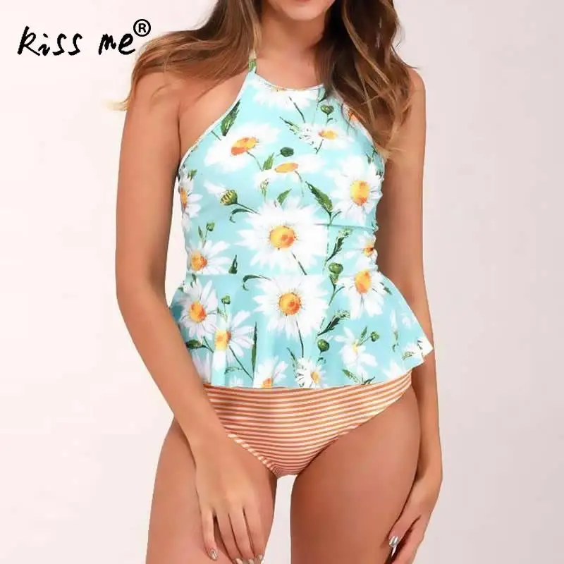 Цельный купальник с высокой талией из двух частей завязками на шее тесьмой милый