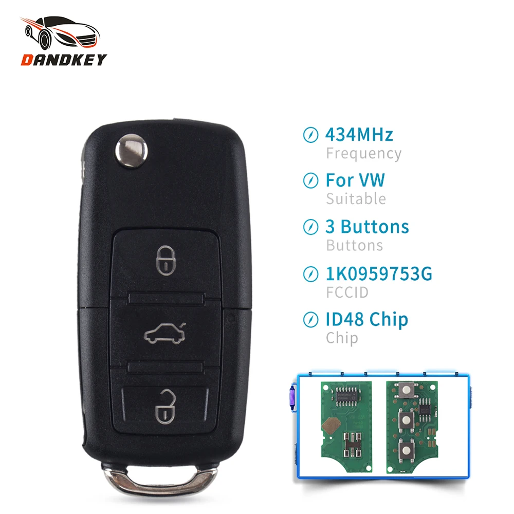 Дистанционный ключ Dandkey 1K0959753G брелок с 3 кнопками чип ID48 для VW Volkswagen PASSAT Polo Skoda Seat
