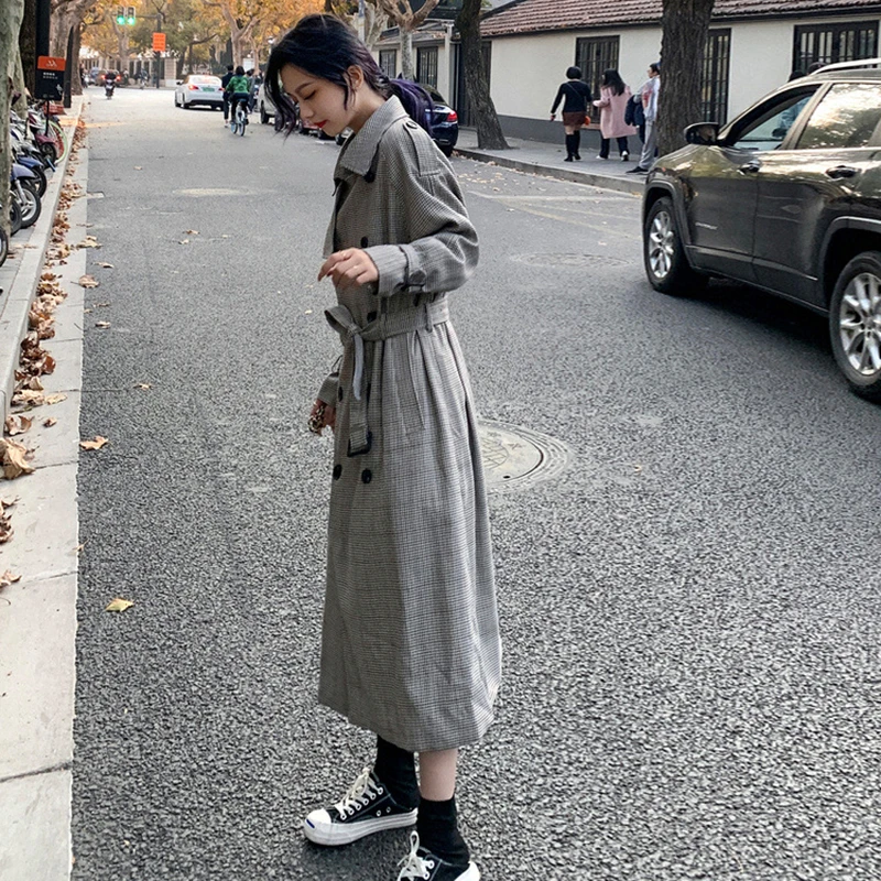 

LANMREM 2020 Autumn grid print korean style trench coat mid-length over-knee looselong coat oversize windbreaker famale 2A494