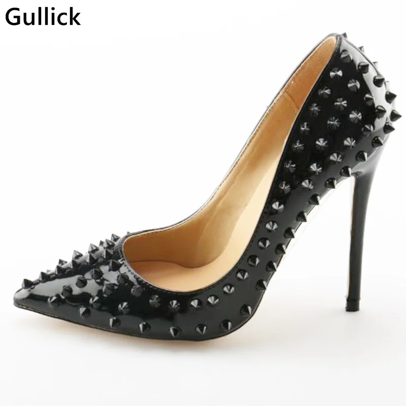 Черные туфли лодочки с заклепками на высоком каблуке 12 см острым носком без