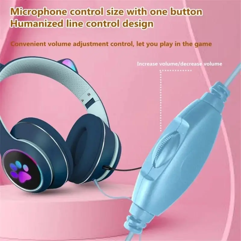 

New LED Cat Ear Noise Cancelling Wired Headphones 7.1 Channel Young People Kids Headset Support TF Card 3.5mm Plug With Mic