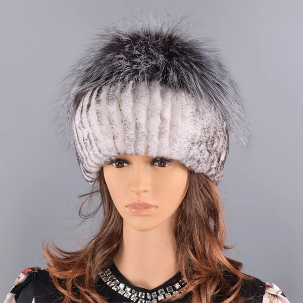winter women hats fox rabbit fur pompom skullies beanies warm elastic fashionable fluffy thick outdoor stylish natural fur hats - Цвет: Color 02