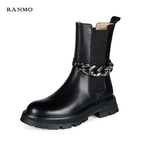 fashion chain women genuine leather ankle boots round toe concise working casual 2021 autumn winter shoes woman platform shoes