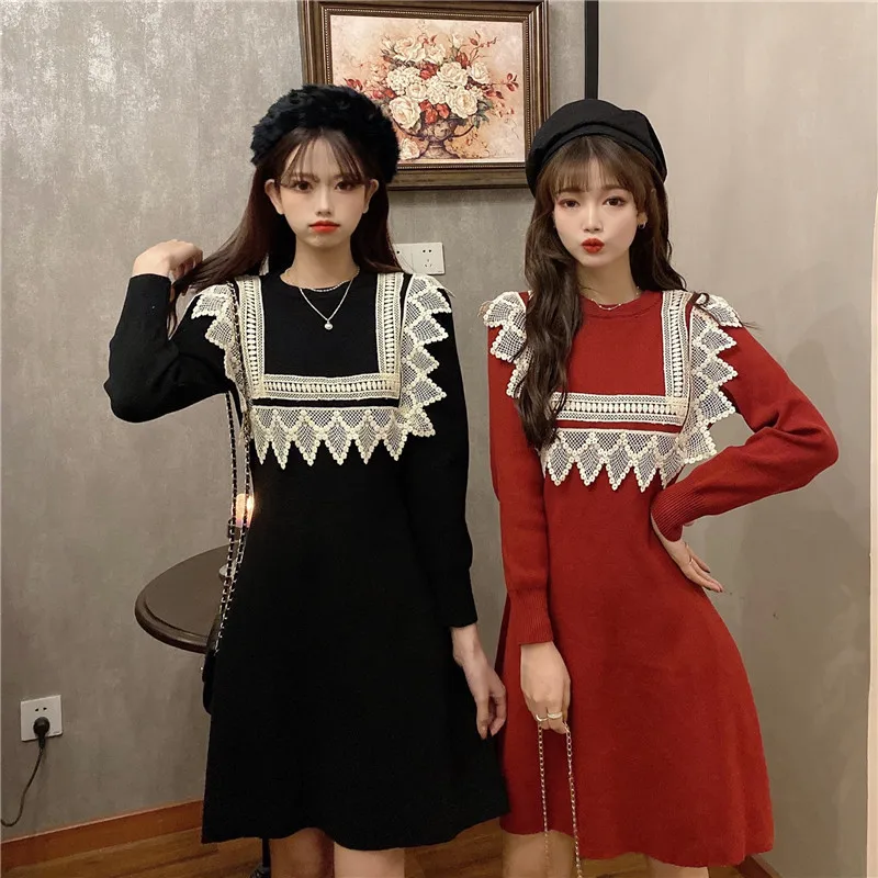 

Женское трикотажное платье-свитер, винтажное кружевное лоскутное платье для вечеринок, длинные платья для девочек