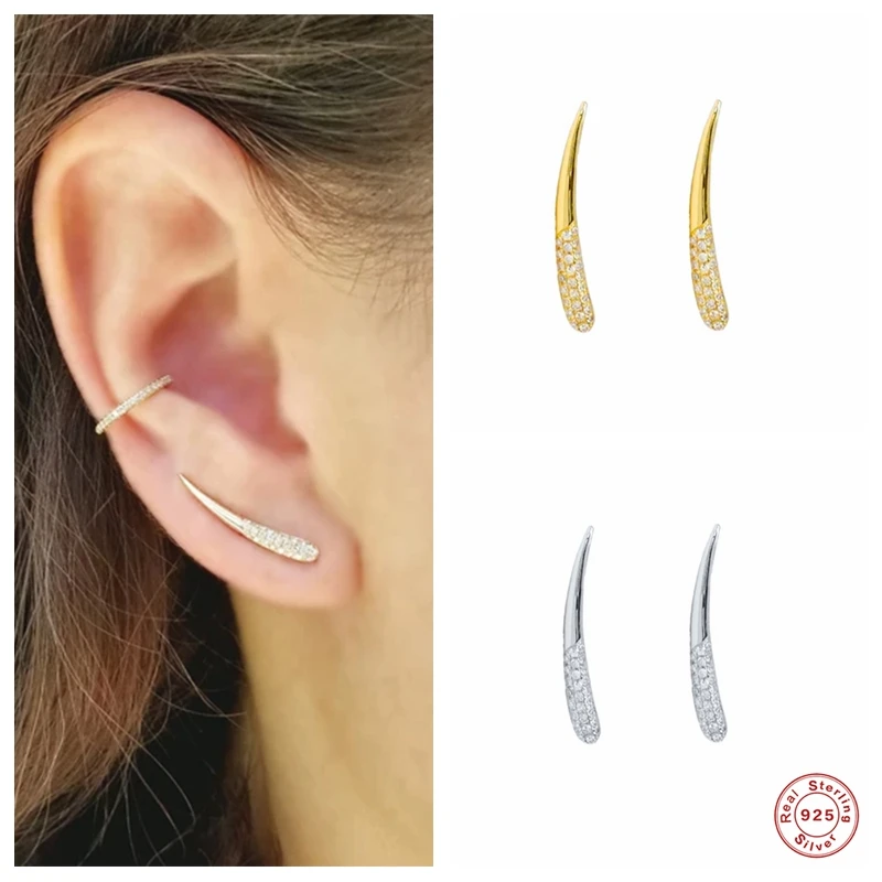 

BOAKO 925 Sterling Silver Ivory Shape Diamond Stud Earrings For Women Cubic Zirconia Jeweled Arc Line Ear Stud Party Fine Jewel