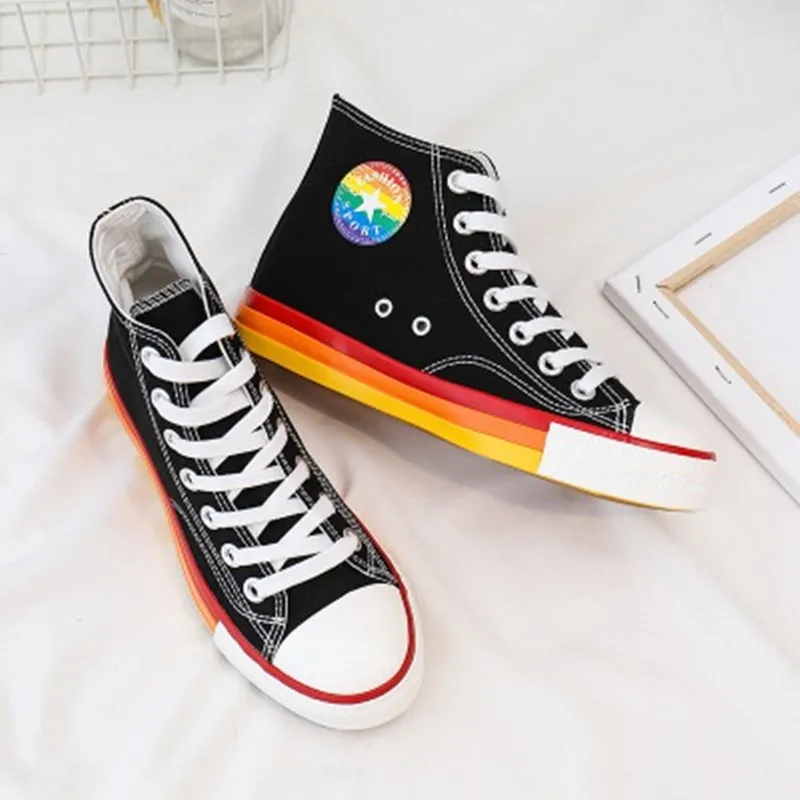 Spring Korean Version Of Canvas Children's Shoes Girls High-top Lace-up Fashion Trend Students Rainbow Soles Casual | Детская одежда