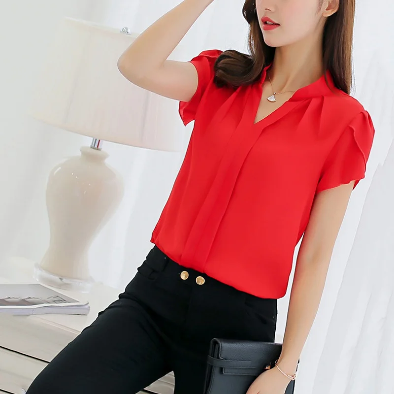 

2019 Office OL Wear Women Summer Style Chiffon Blouses Shirts Lady Girls Casual V-Neck Short Sleeve Tops Shirts Blusas