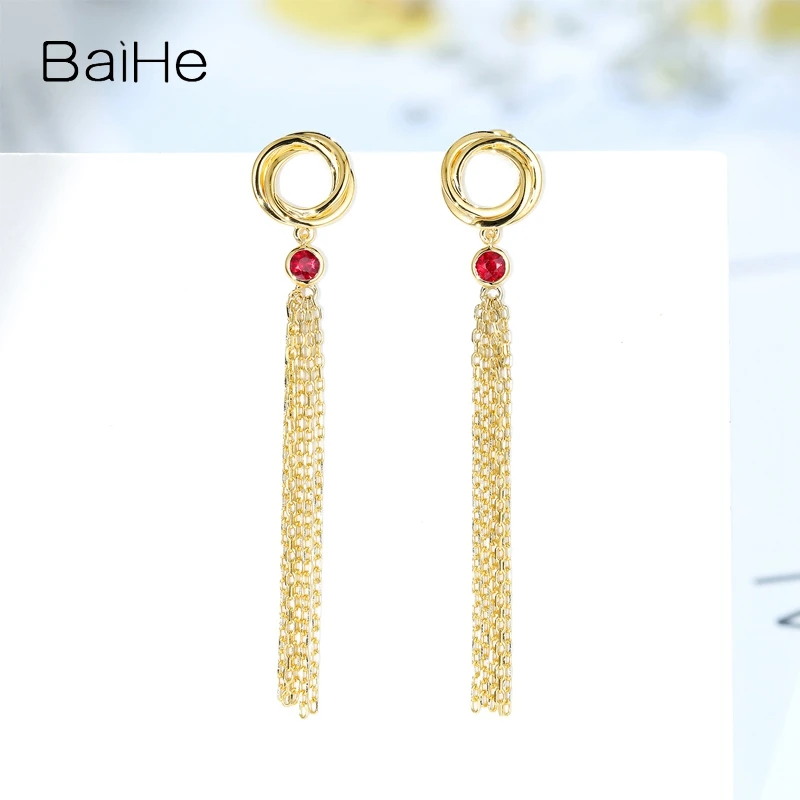 

BAIHE Solid 18K Yellow Gold Natural Ruby Long Tassel Stud Earrings Women Party Prom Wedding Fine Jewelry Making Aretes Largos