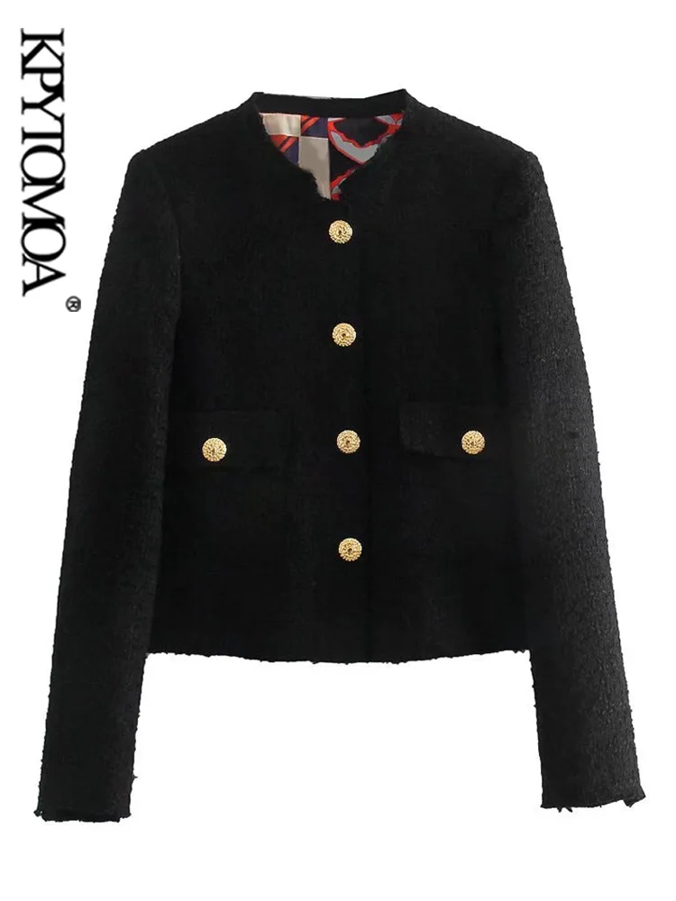 

KPYTOMOA Women Fashion With Print Lining Tweed Blazer Coat Vintage Long Sleeve Flap Pockets Female Outerwear Chic Veste Femme