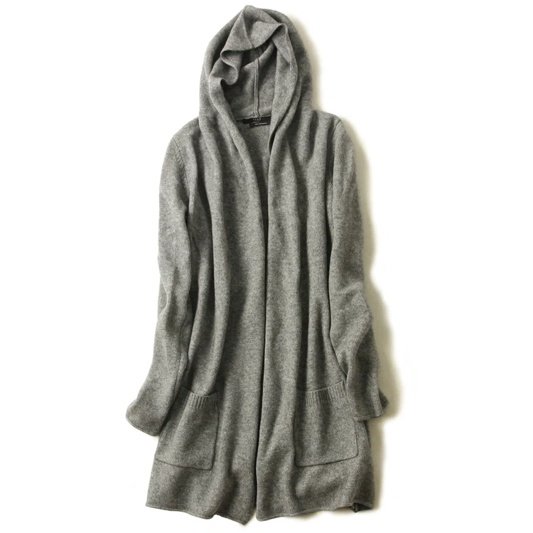 Aliaga New Arrival Pure Cashmere Cardigan Women Autumn Winter Hooded Sweater Coat With Pocket