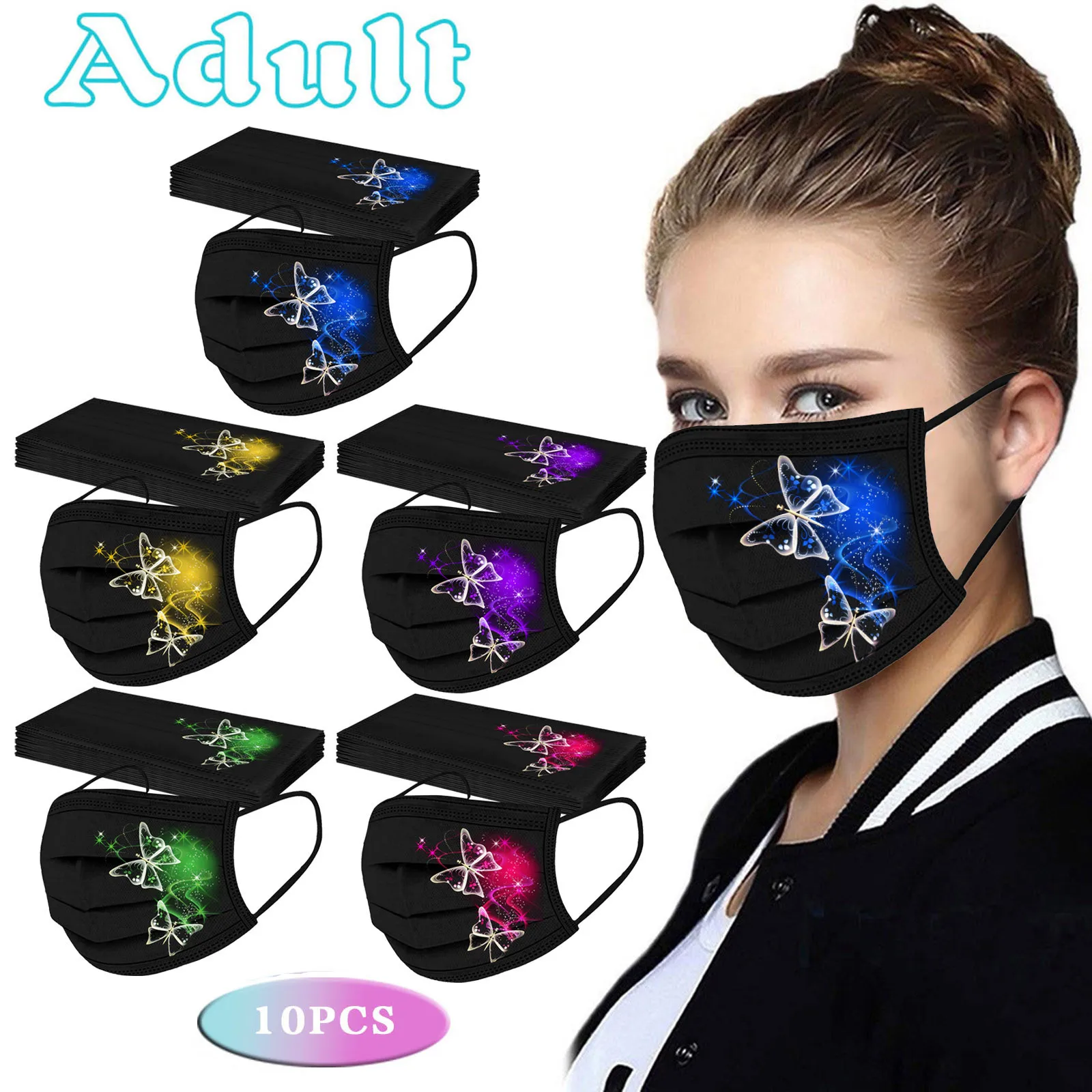 

10PC Adult Fashion Butterfly Print Disposable Face Mask + Nose Strip 3 Layer Meltblown Anti-dust Breathable Mouth Masks masque