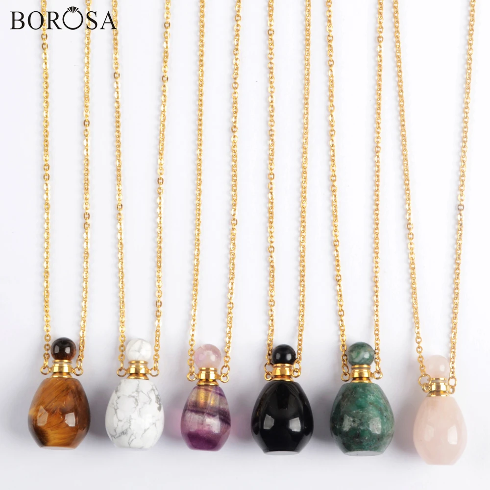 

BOROSA Gold Crystal Quartz Perfume Bottle Diffuser Necklace Fluorite Natural Gems Stones Gold Necklace Pendant Necklace WX1607