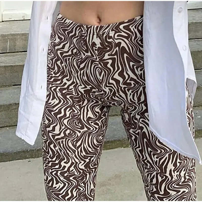 

Vintage Brown High Waist Flare Pants Streetwear Print Skinny Harajuku Stretch Jogger Trousers Women Y2k Aesthetic Sweatpant 90s