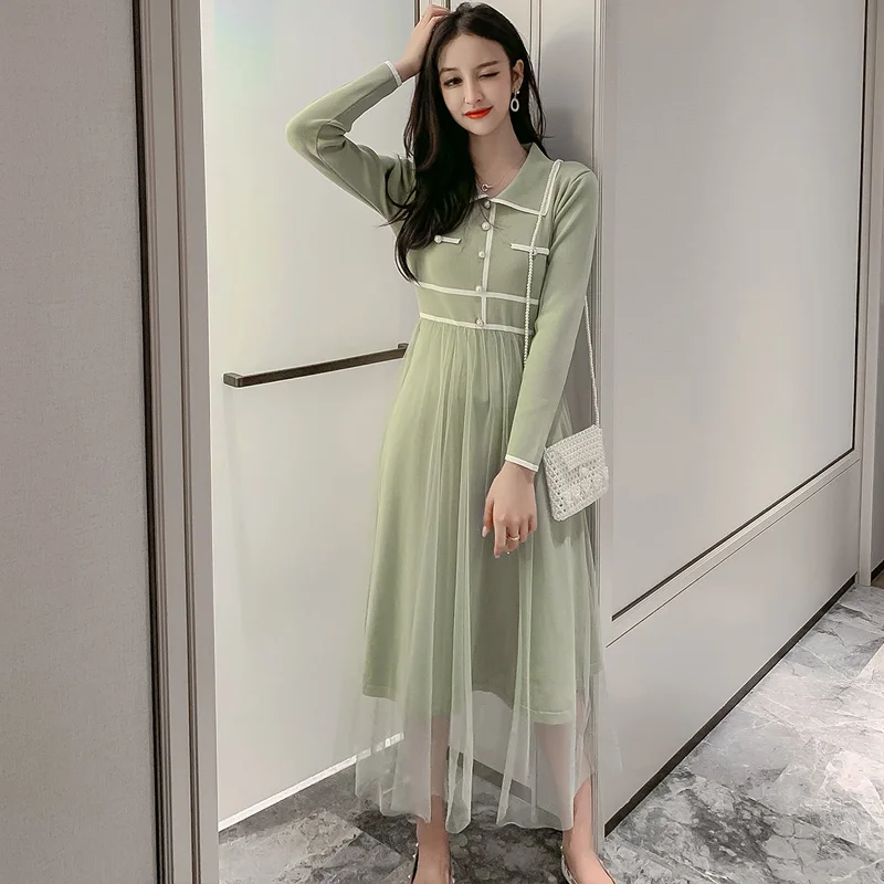 Повседневное элегантное лоскутное однобортное платье с отложным воротником и