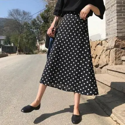 2019 летняя длинная юбка женская в Корейском стиле винтажная горошек тонкая