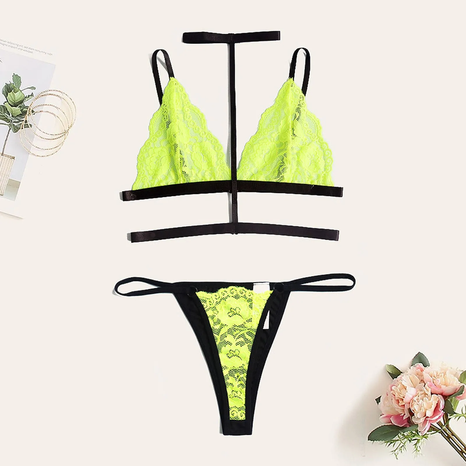 

Neon Color Intimates Sexy Lace Bra and Panty Set Women's Halter Lingerie Strap Transparent Brief Bra Sets Plus Size M XL XXL 3XL