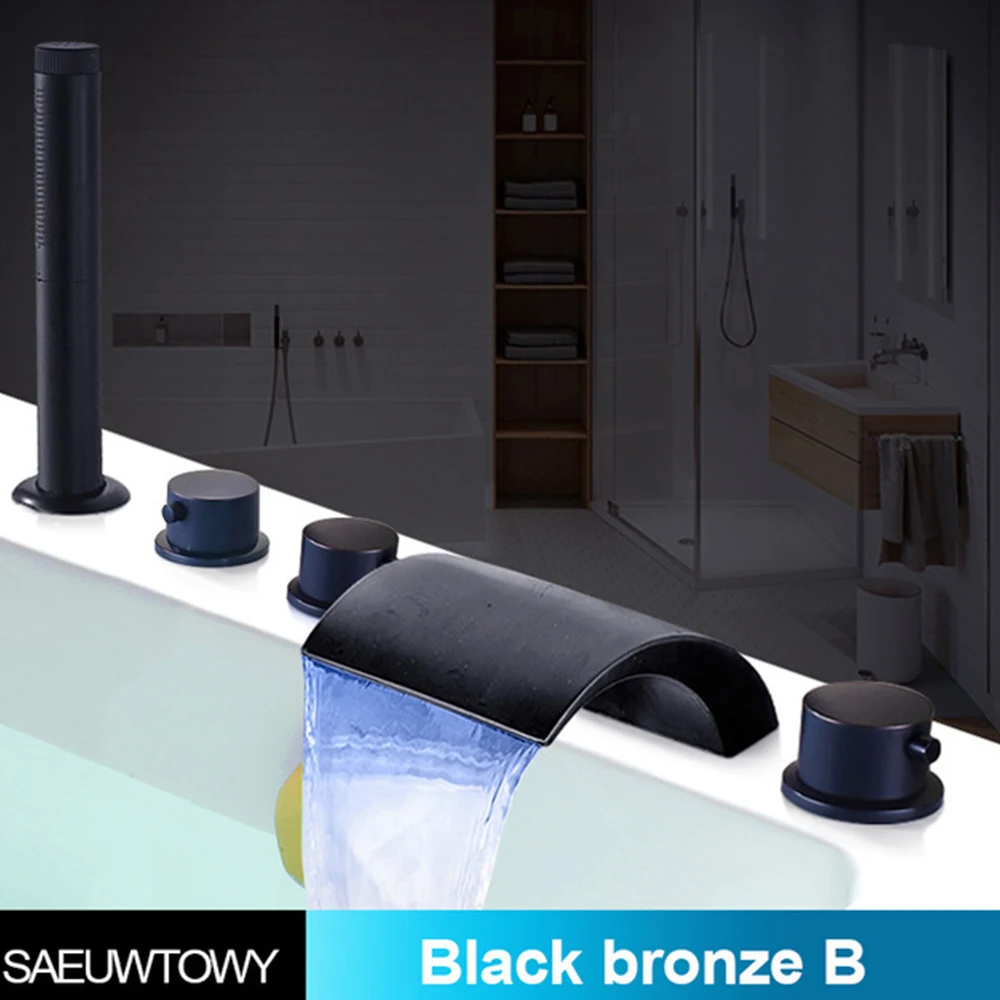 Black Bronze B ORB латунный светодиодный кран-водопад для ванной, широкая ванна, смеситель для раковины, кран для ванной, душевой кран с ручным душа, banheira - Цвет: Black Bronze B