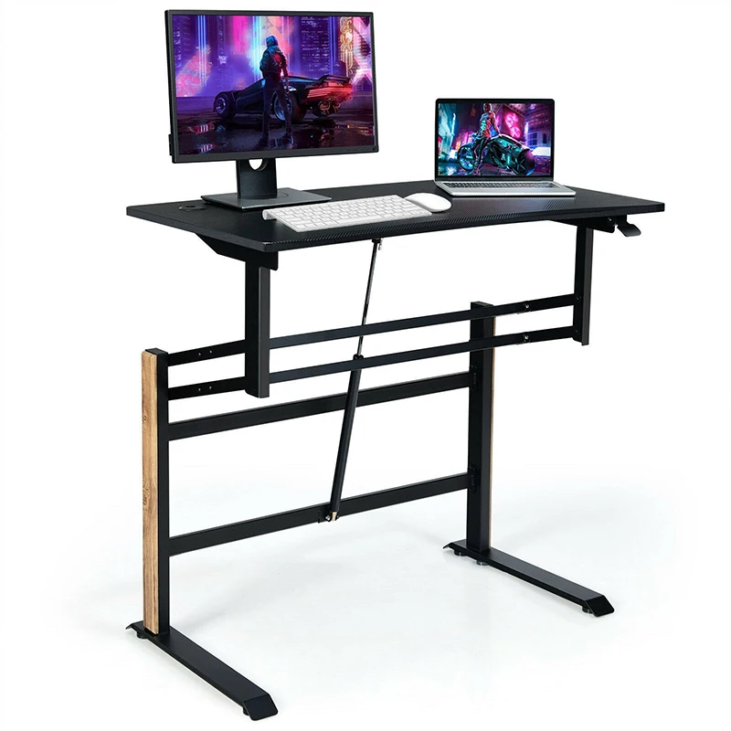 

Pneumatic Height Adjustable Gaming Desk T Shaped Game Station Power Strip Tray Ultra Wide Carbon Fiber Tabletop Computer Desk