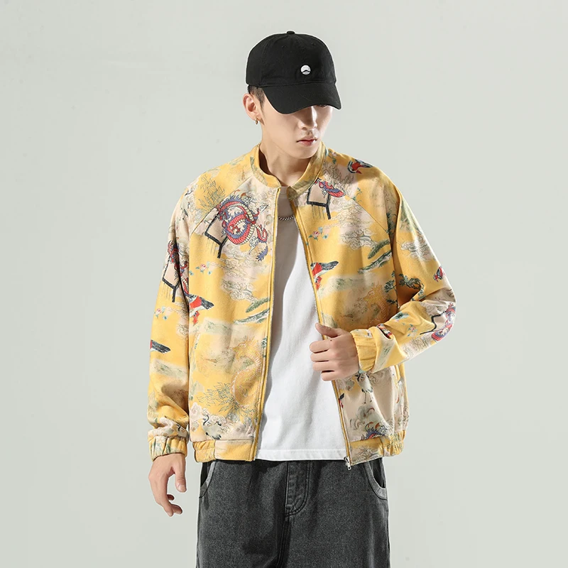 

New Men's Spring Autumn Chinese Style Jacket Stand Collar Short Coat Crane Print Plus Size Fashion