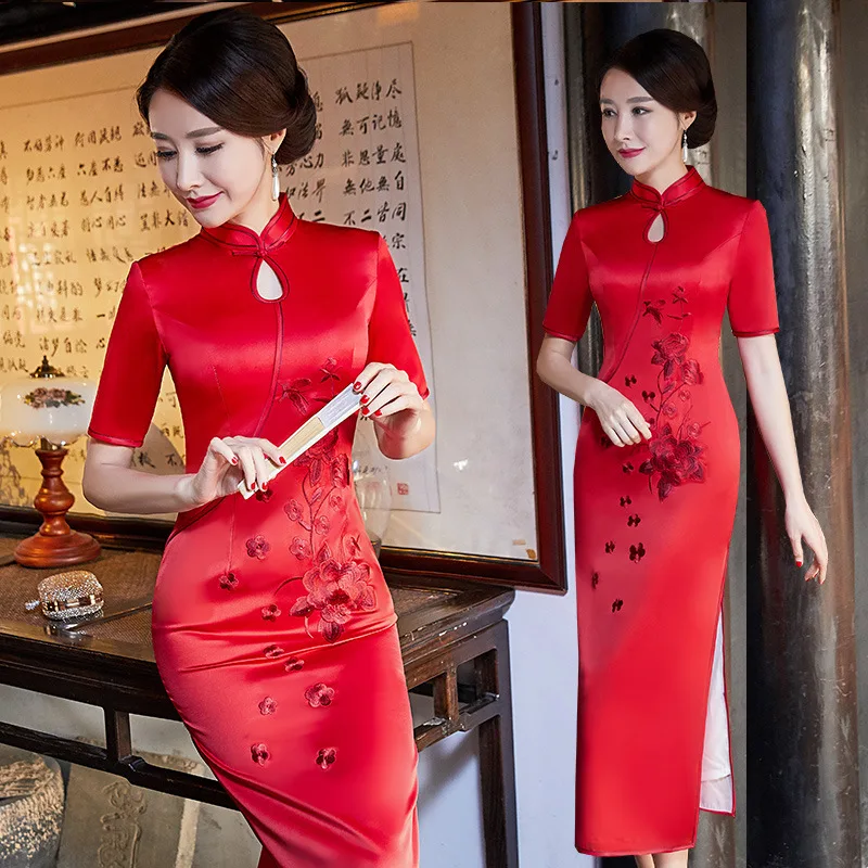 Женское винтажное вечернее платье Qipao элегантное китайское с цветочной вышивкой