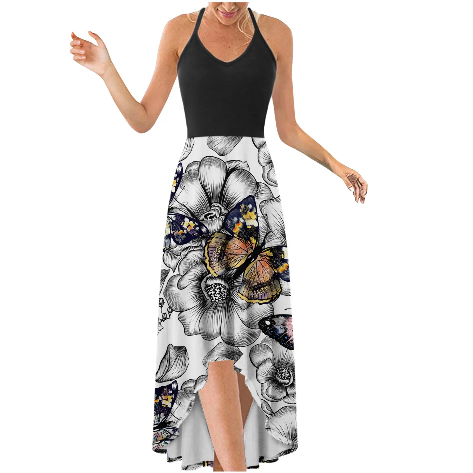 

Платье женское с V-образным вырезом, модный пикантный сарафан с открытой спиной, на бретельках, без рукавов, с принтом, лето 2021